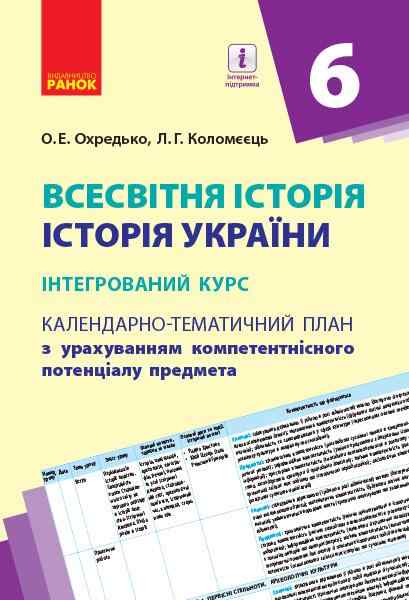 Календарно-тематичний план Всесвітня історія Історія України інтегрований курс 6 клас Нова програма Авт: О.Е. Охредько Л.Г. Коломєєць Вид-во: Ранок - Розробки уроків з історії 6 клас