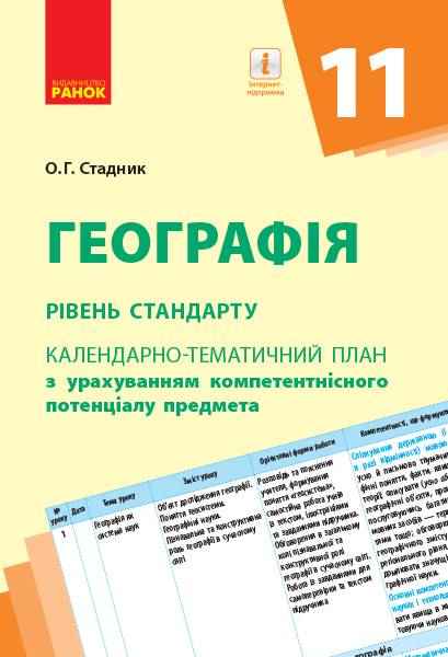 Календарно-тематичне планування Географія 11 клас Рівень стандарту Стадник О. Ранок Календарно-тематичне планування Географія 11 клас Рівень стандарту Стадник О. Ранок - Методика для вчителя 11 клас Оновлена програма