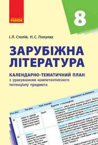 Зарубіжна література 8 клас Календарно-тематичний план Столій І. Ранок - Методика Зарубіжна література 8 клас НУШ