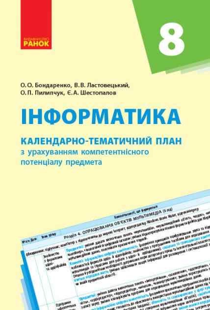 Інформатика 8 клас Календарно-тематичний план Бондаренко О. Ранок Інформатика 8 клас Календарно-тематичний план Бондаренко О. Ранок - Методика Інформатика 8 клас НУШ