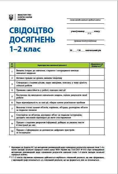 Свідоцтво досягнень учня/учениці 1-2 класи НУШ Вид-во: Ранок - Класні журнали 1 клас НУШ
