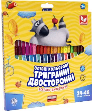Олівці кольорові тригранні двосторонні + чинка - 48 кольорів (24 шт.) - Фломастери та олівці